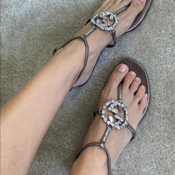 Gucci Metallic Crystals Embellished Thong Sandals